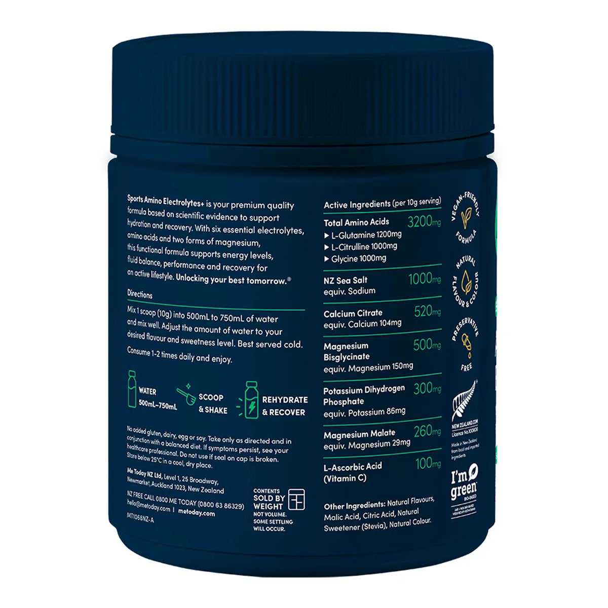 A dark navy blue tub of Sports Amino Electrolytes with a matching lid, showing the back label with white text detailing ingredients, directions, and nutritional facts.