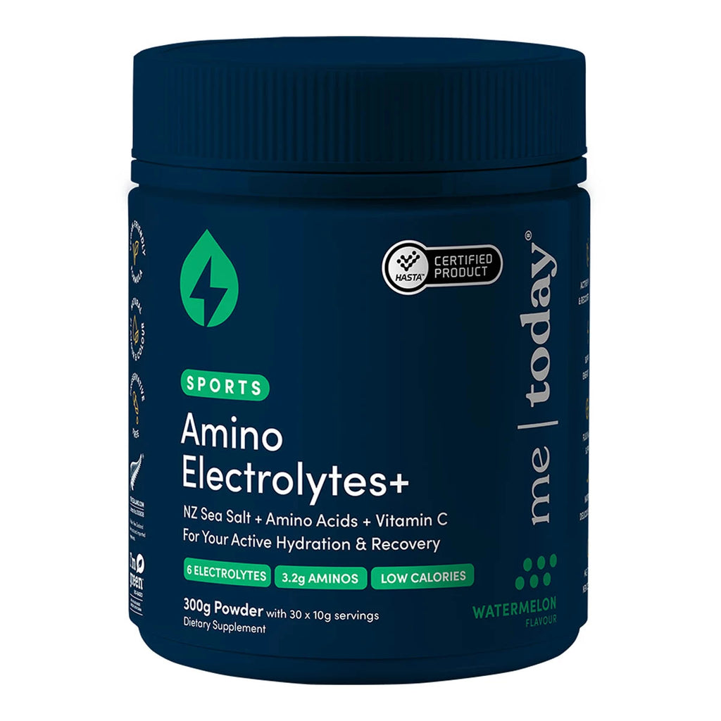 A dark blue plastic tub of 'me today' brand Sports Amino Electrolytes+ dietary supplement powder, featuring a green logo and white text on a clean white background.