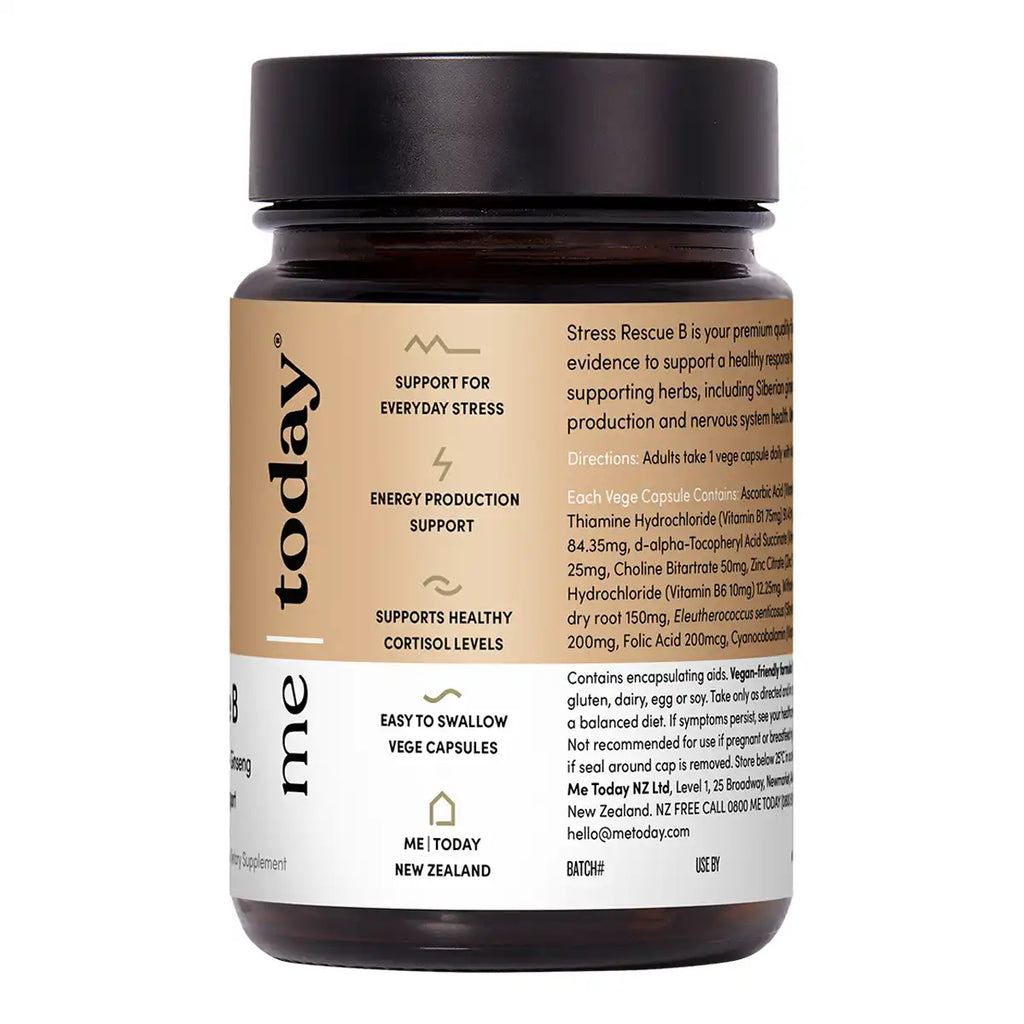 Side of supplement bottle for Stress Rescue B, showing benefits and highlights on a tan and white label.