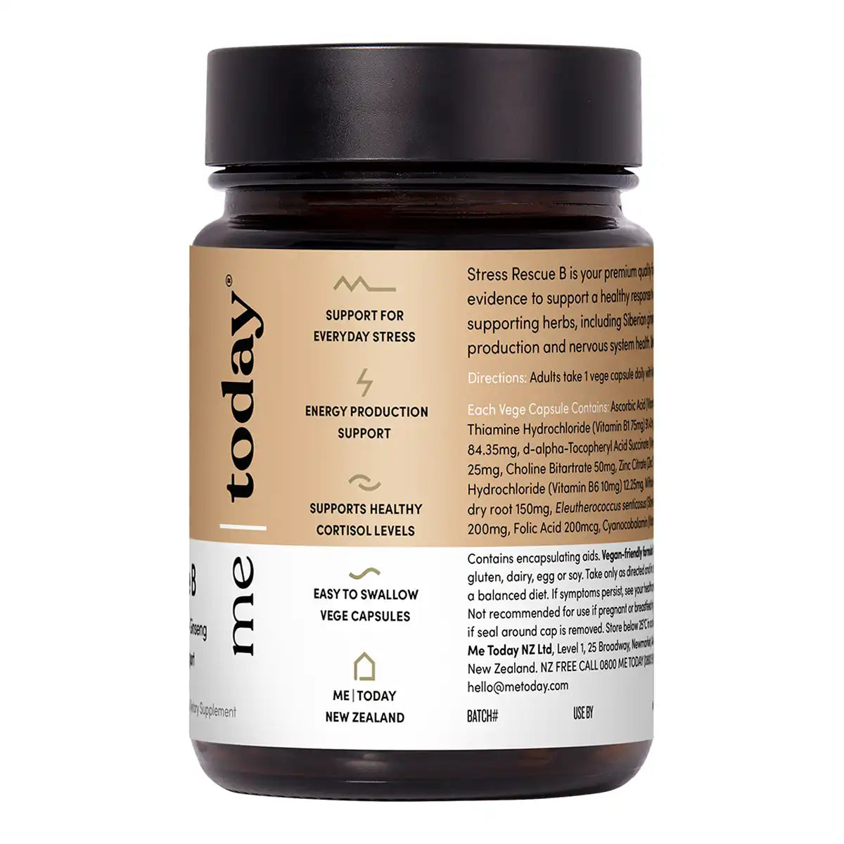 Side of supplement bottle for Stress Rescue B, showing benefits and highlights on a tan and white label.