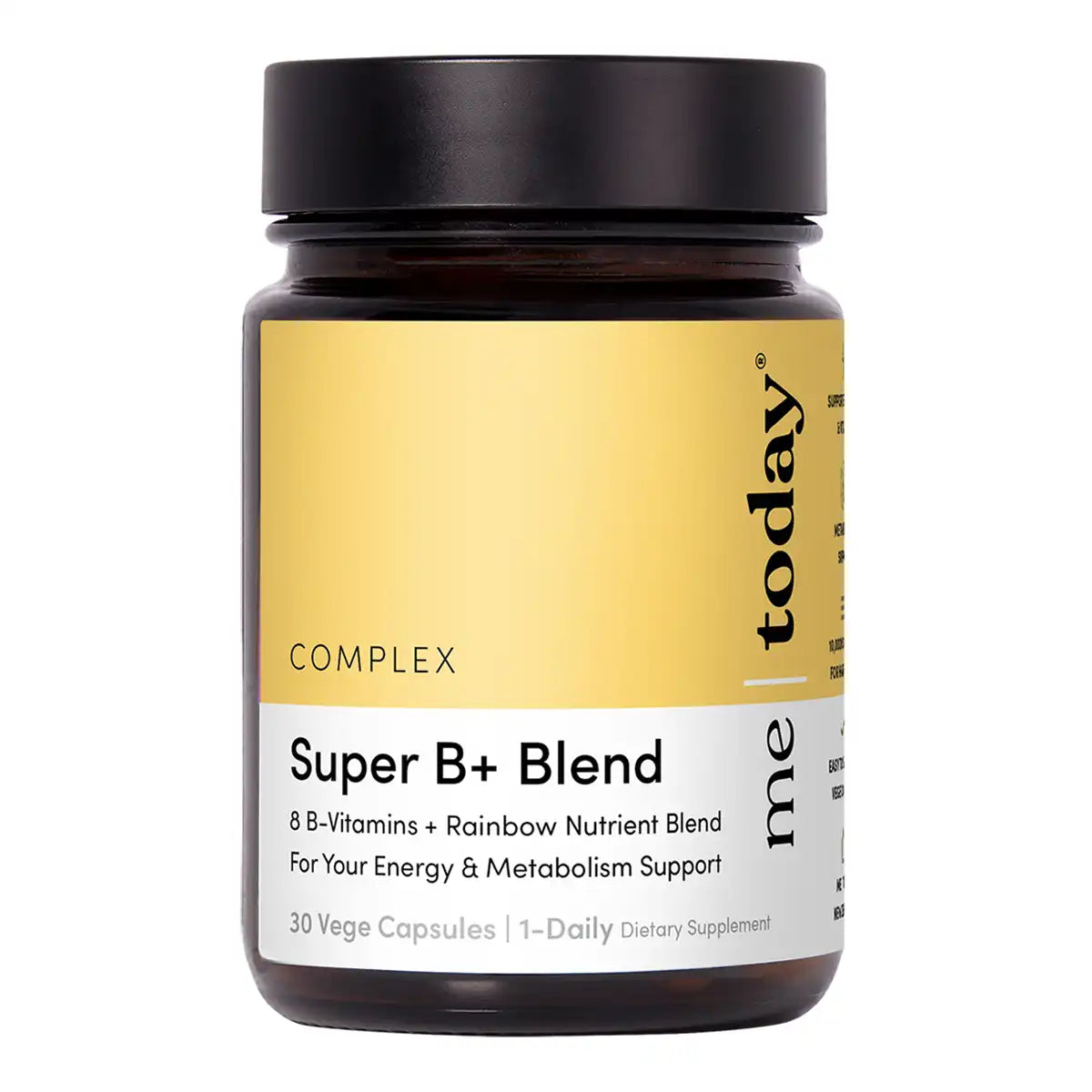A bottle of today me Super B+ Blend supplement, featuring a black cap, amber glass bottle, and a yellow and white label.