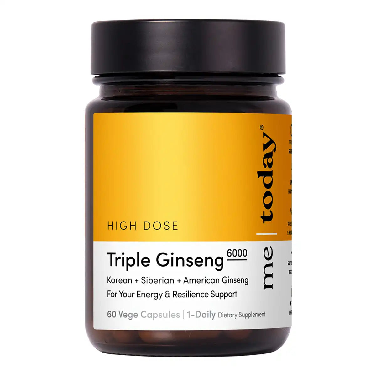 A dark amber glass bottle of Triple Ginseng 6000 supplement with a black cap and a yellow and white label.
