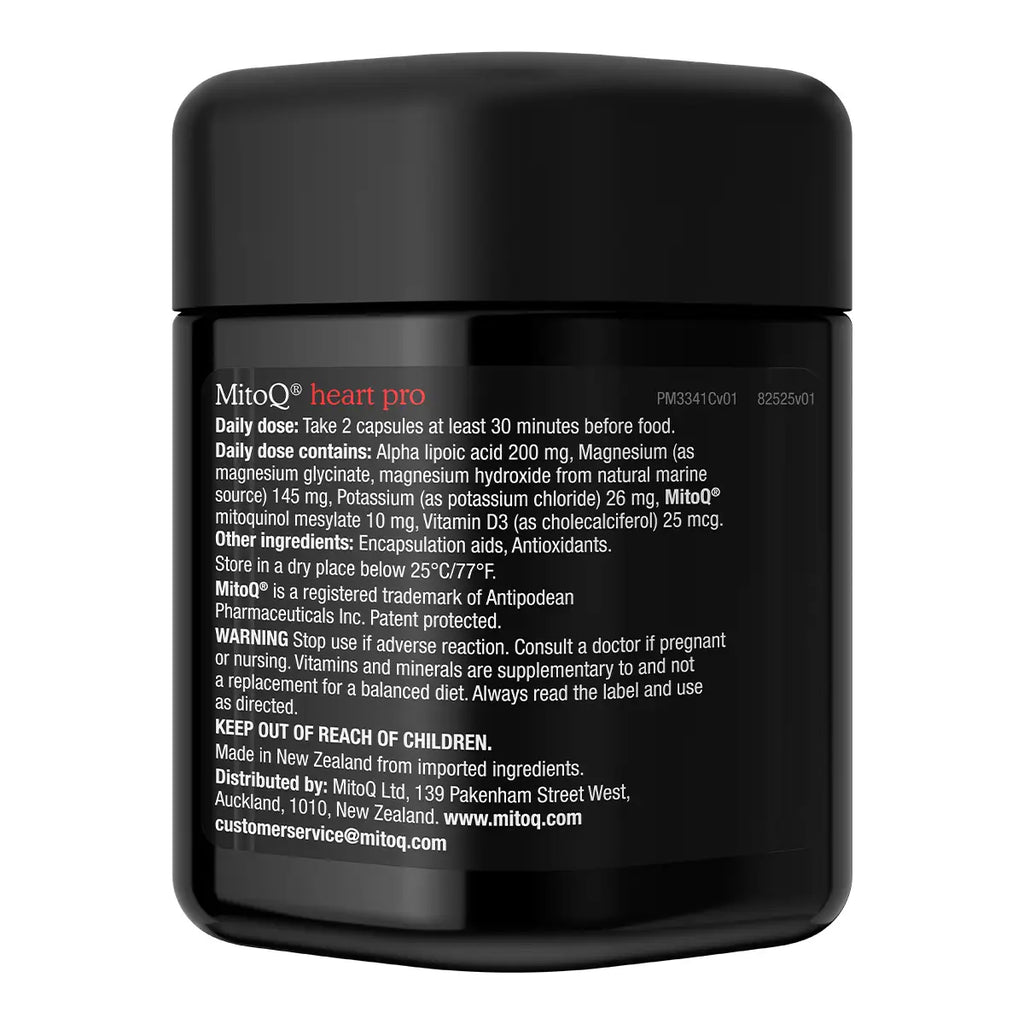 A black supplement jar labeled MitoQ Heart Pro with white text.