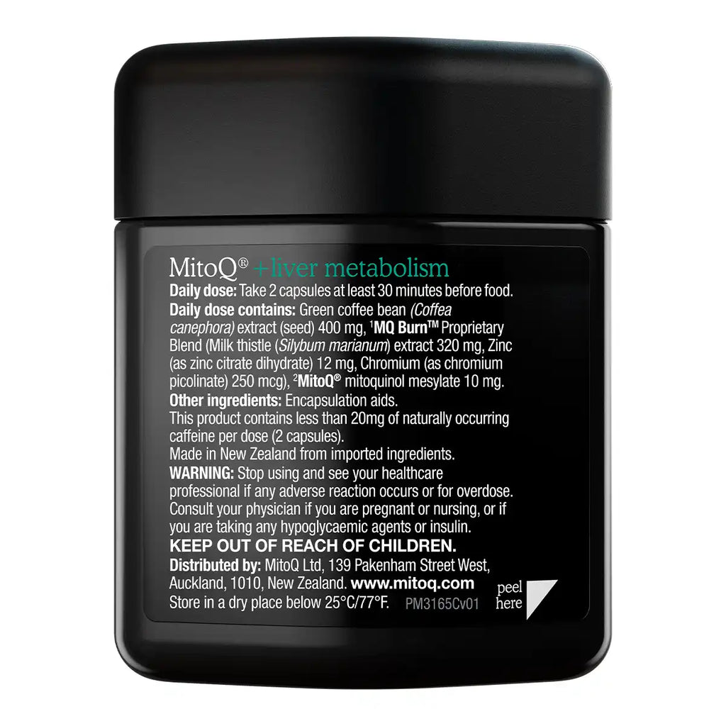 A black jar of MitoQ +Liver Metabolism supplement with a white label showing detailed product information and ingredients.