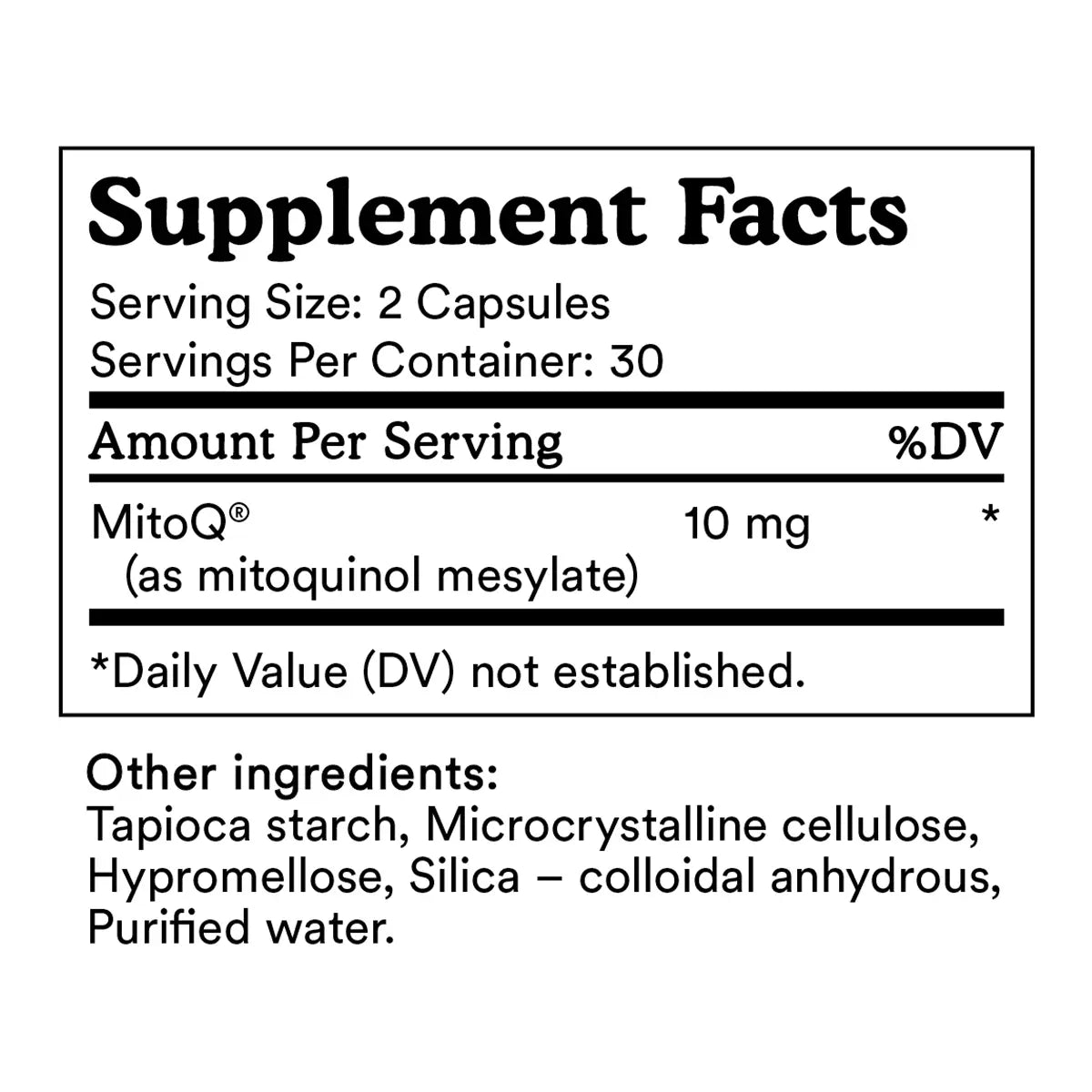 A black and white Supplement Facts label showing MitoQ 10mg as the primary supplement ingredient.