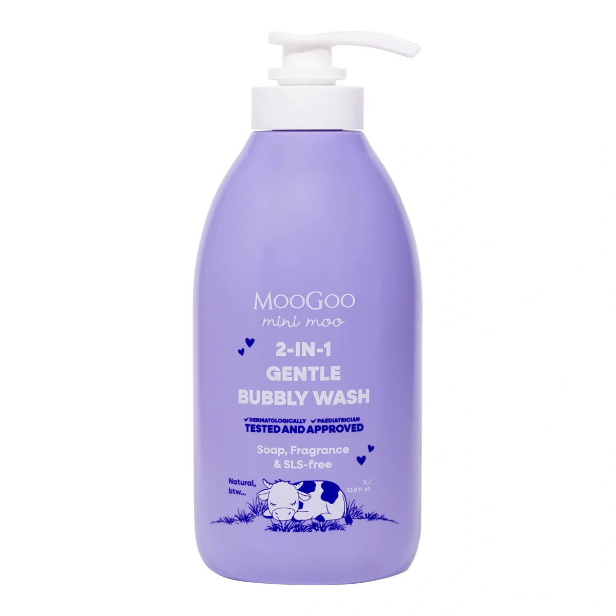 MooGoo Mini Moo 2-in-1 Gentle Bubbly Wash 1 Litre in a purple pump bottle with a white pump top.