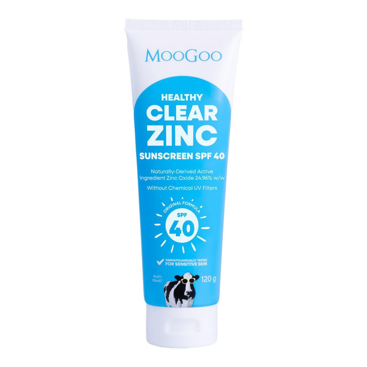 Moogoo Healthy Clear Zinc Sunscreen SPF 40 tube on a white background