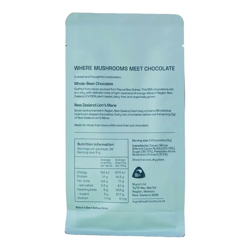 The back of a light blue pouch of showing product details, ingredients, nutrition facts, and a New Zealand Made logo on a white background.