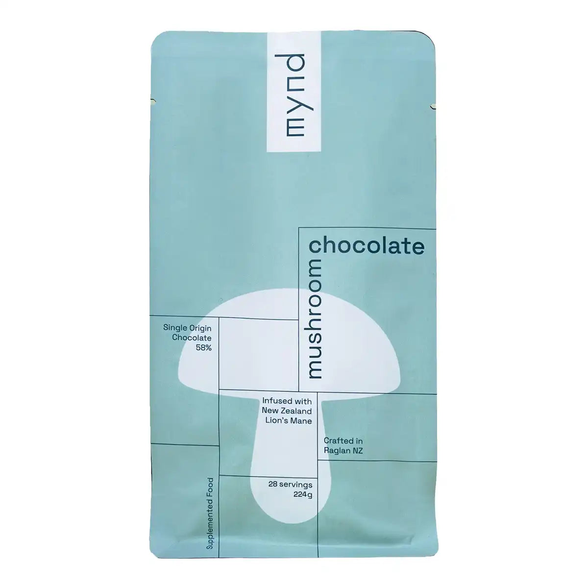 A light blue stand-up pouch of Mushroom Chocolate, featuring a minimalist white mushroom graphic.