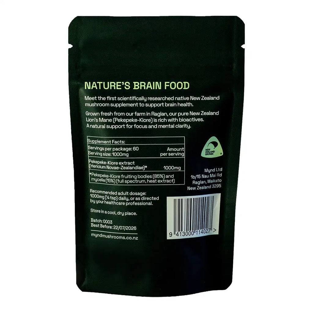 The back of a black stand-up pouch package for Mynd Lion's Mane Powder, showing product details, ingredients facts, a barcode, and a small New Zealand logo on a white background.