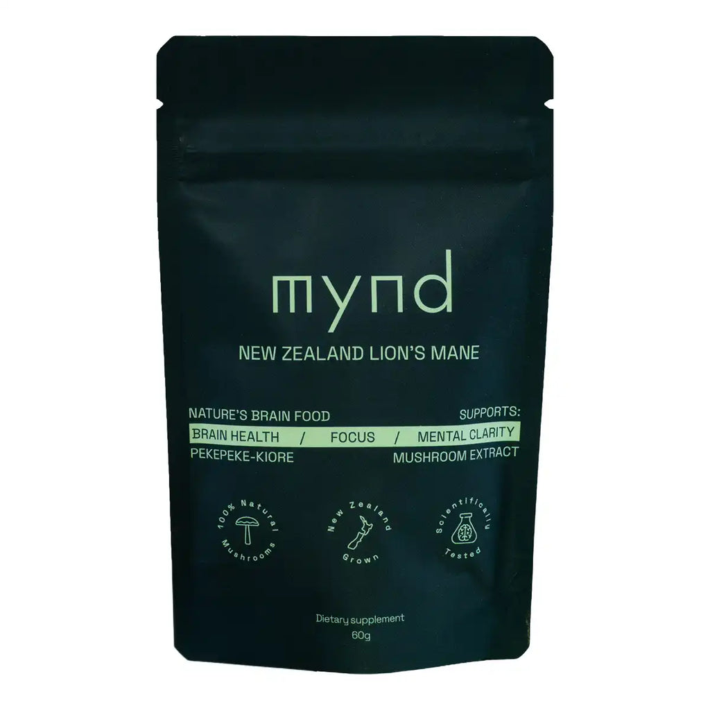 A black stand-up pouch of Mynd New Zealand Lion's Mane dietary supplement on a plain white background.