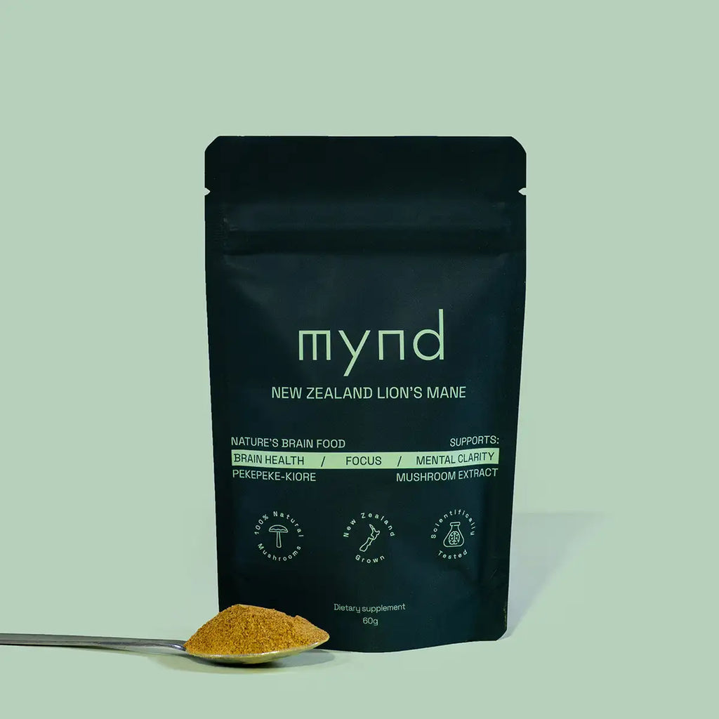 Black Mynd supplement package with lion's mane mushroom powder on a spoon against a light green background.