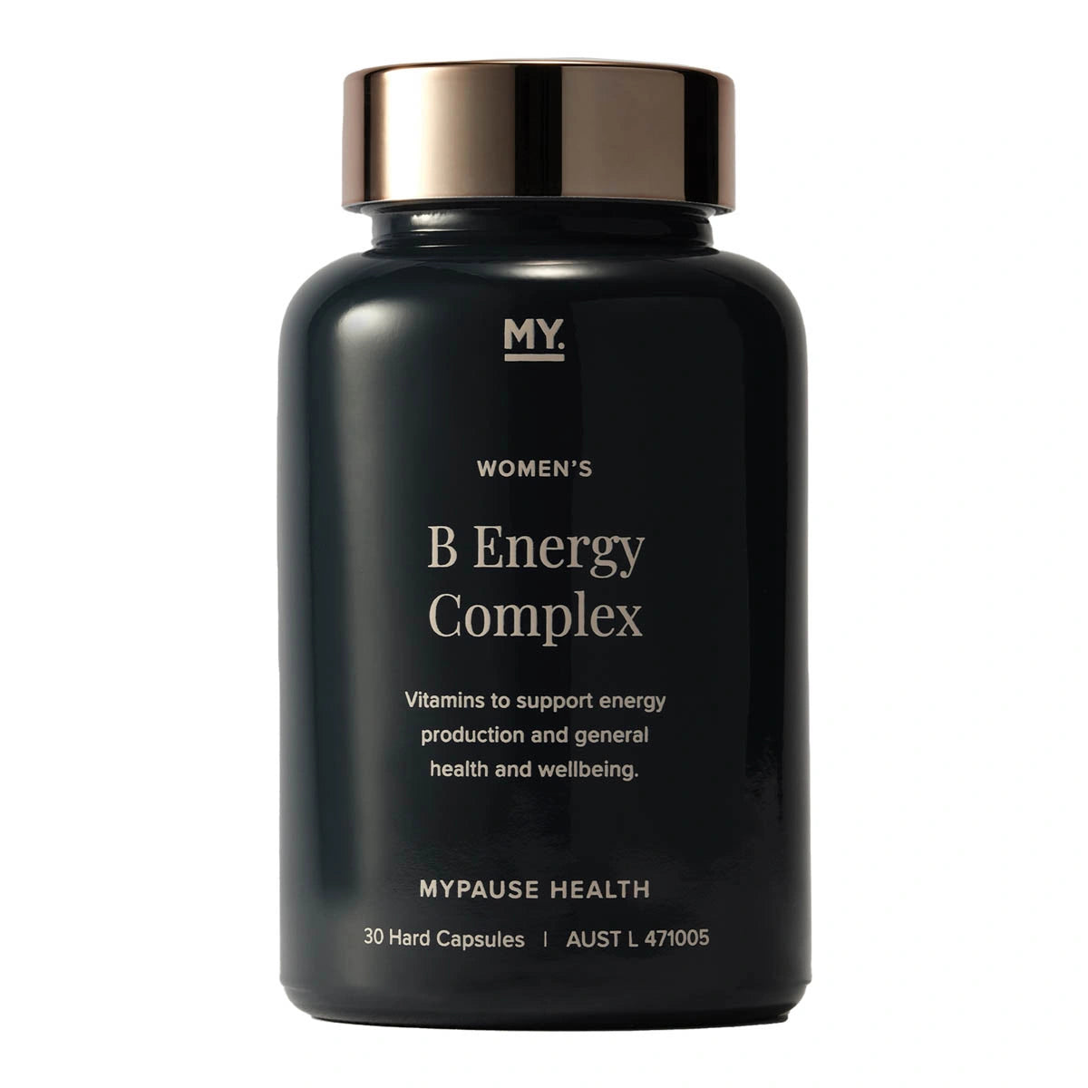 A black bottle of MYPAUSE HEALTH Women's B Energy Complex with a metallic gold cap, shown on a plain white background.