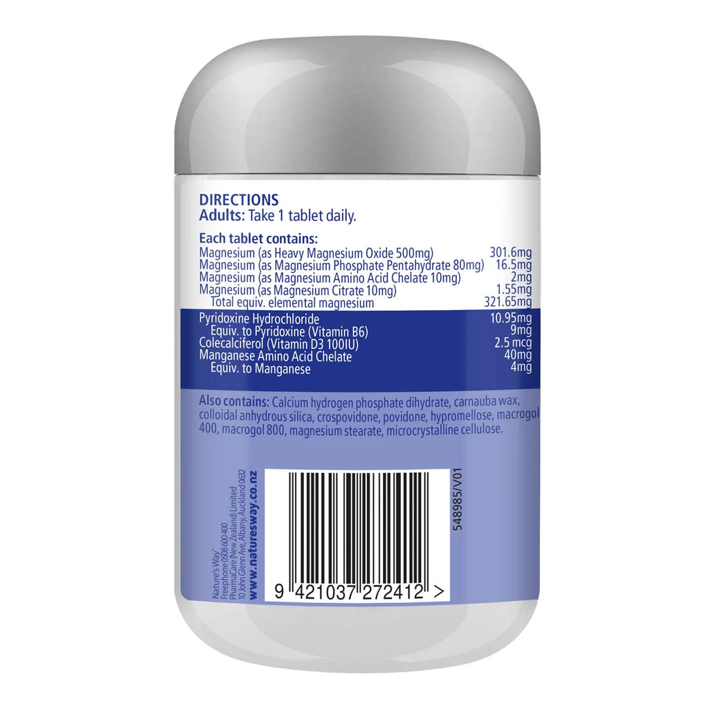 Back view of a white plastic bottle of Natureway Magnesium supplement, showing the label with directions, ingredients, and a barcode.