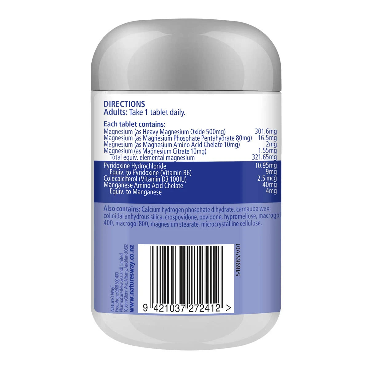 Back view of a white plastic bottle of Natureway Magnesium supplement, showing the label with directions, ingredients, and a barcode.