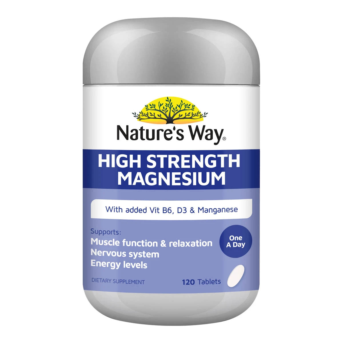 Nature's Way High Strength Magnesium supplement bottle with a white and blue label, shown on a plain white background.