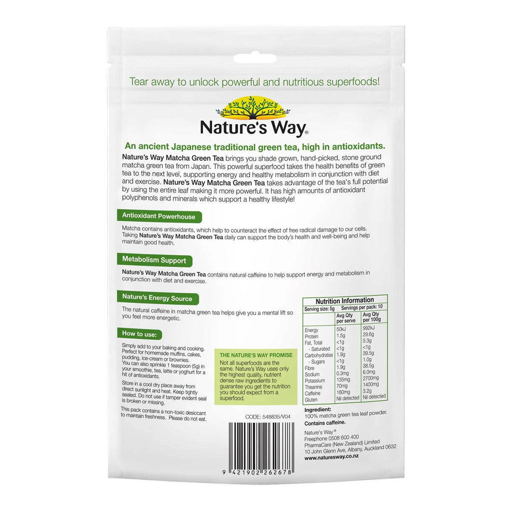 Back of Matcha Green Tea pouch showing nutritional information, directions for use and information about sourcing & health benefits.