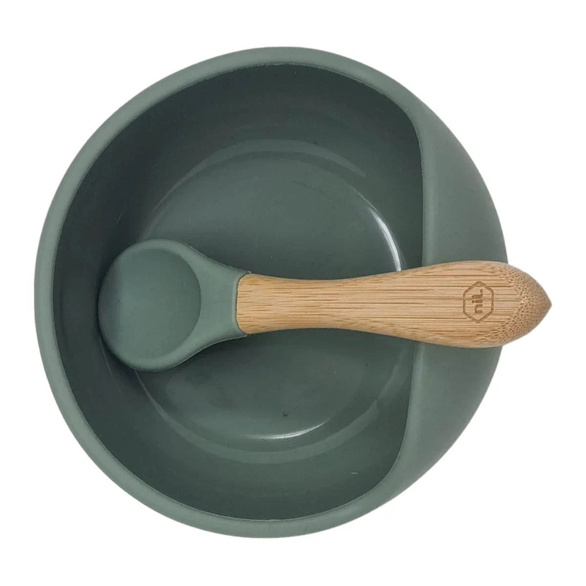Top view of Nil Silicon Baby Bowl with a wooden & silicone spoon.