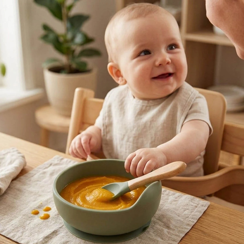 Baby smiling up at their mum with a nil Silicon Baby Bowl and spoon filled with orange baby food.