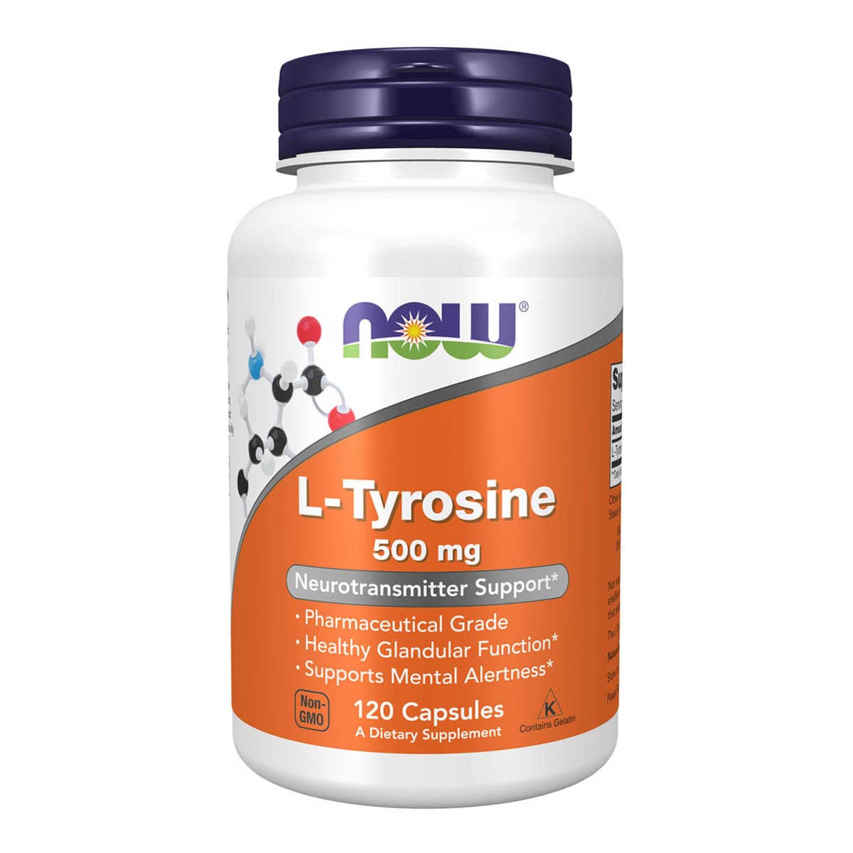 Supplement bottle labeled 'L-Tyrosine 500 mg' with NOW brand on a white background