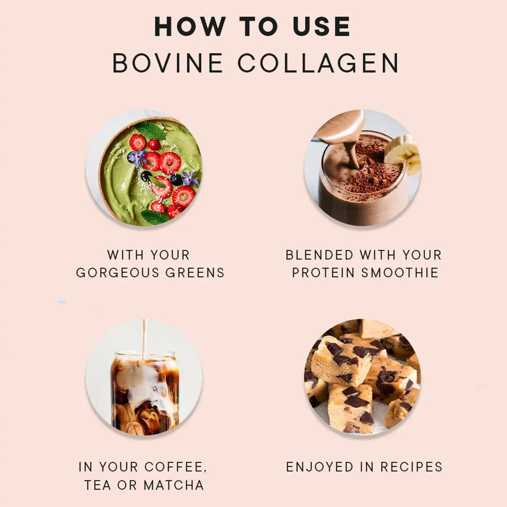 Instructions on how to use bovine collagen with food items on a pink background