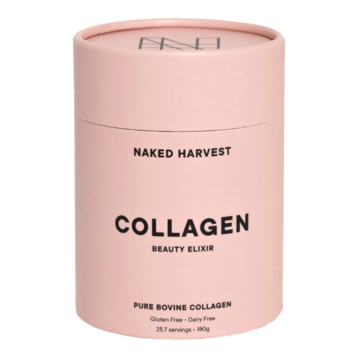 Pink container of Nu Harvest (formerly Naked Harvest) Collagen Beauty Elixir - pure bovine on a white background. Gluten & dairy-free.