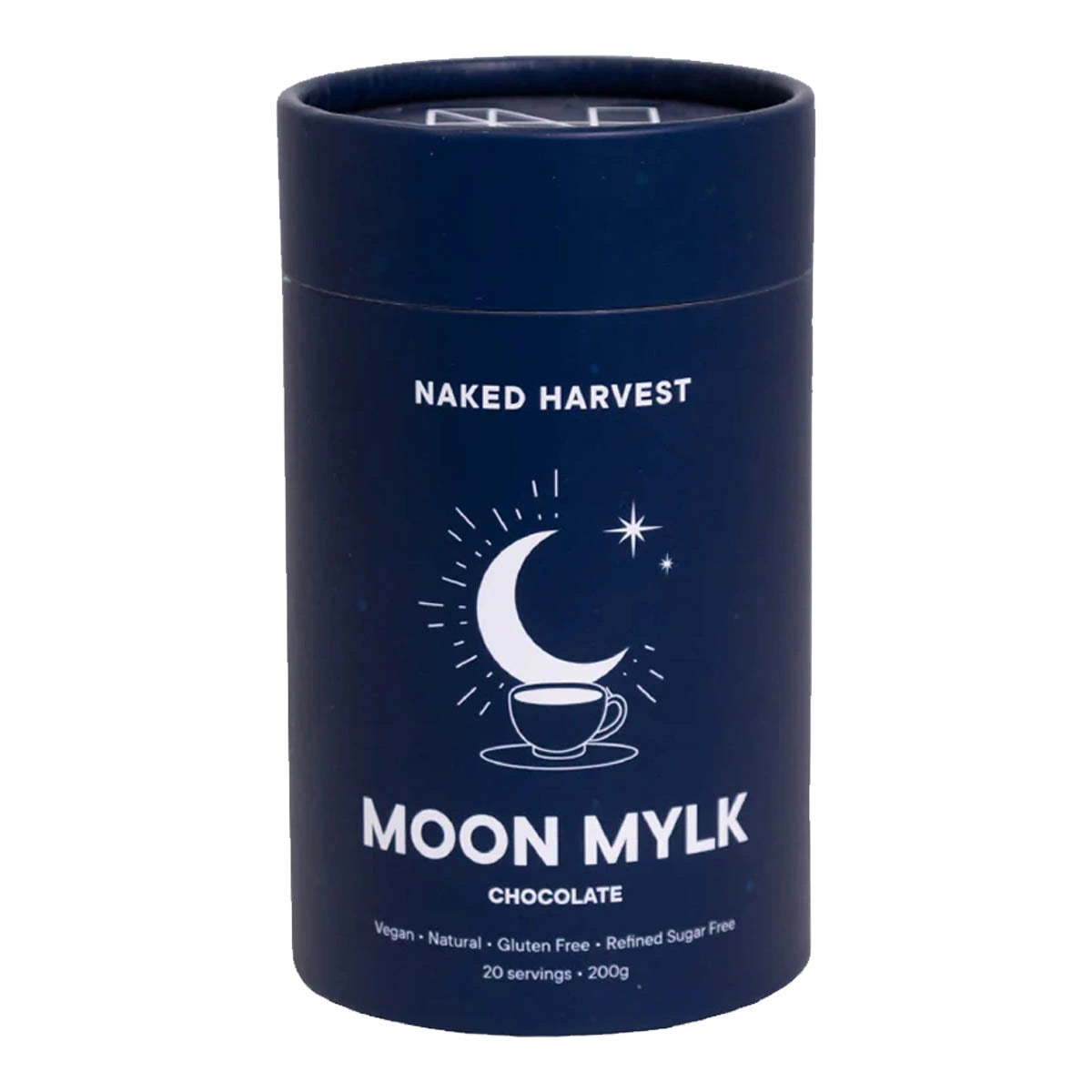 Nu Harvest Moon Mylk chocolate packaging on a white background. Vegan, natural, gluten free, refined sugar free.