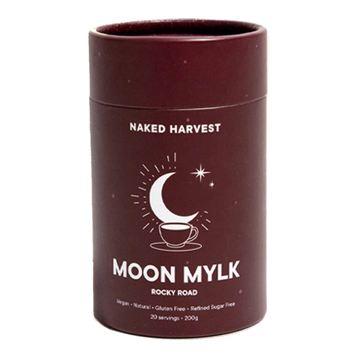 Naked Harvest Moon Mylk Rocky Road container on a white background. Vegan, natural, gluten free, refined sugar free.