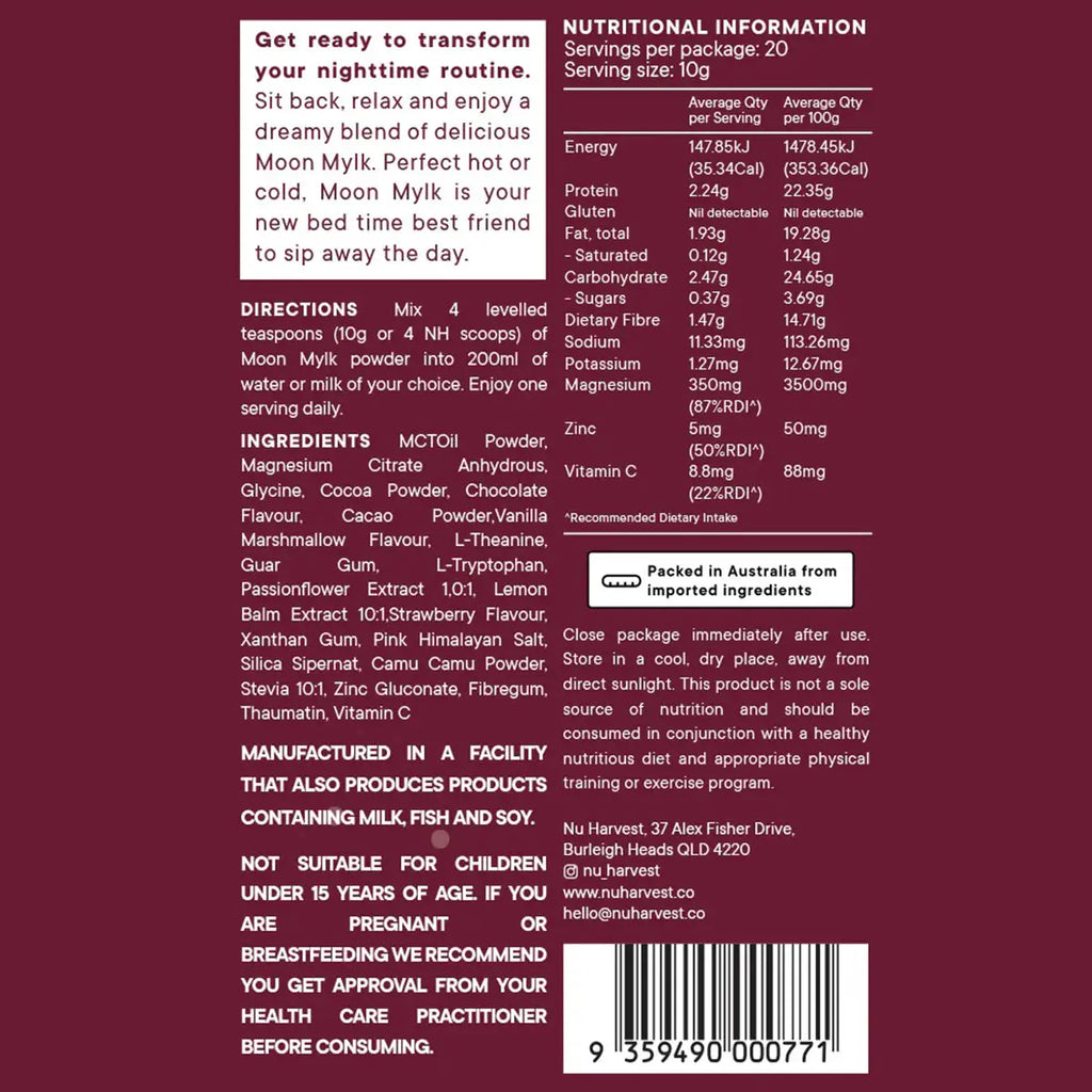 Nutritional information and product details of rocky road moon mylk.