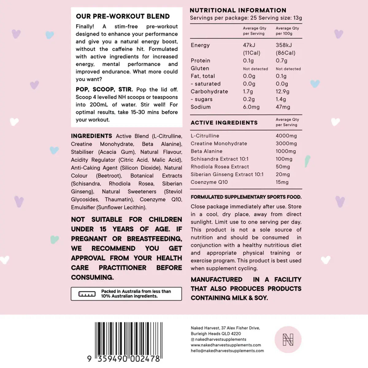 Nutritional information label for creaming soda pre-workout supplement on a pink background with heart shapes.