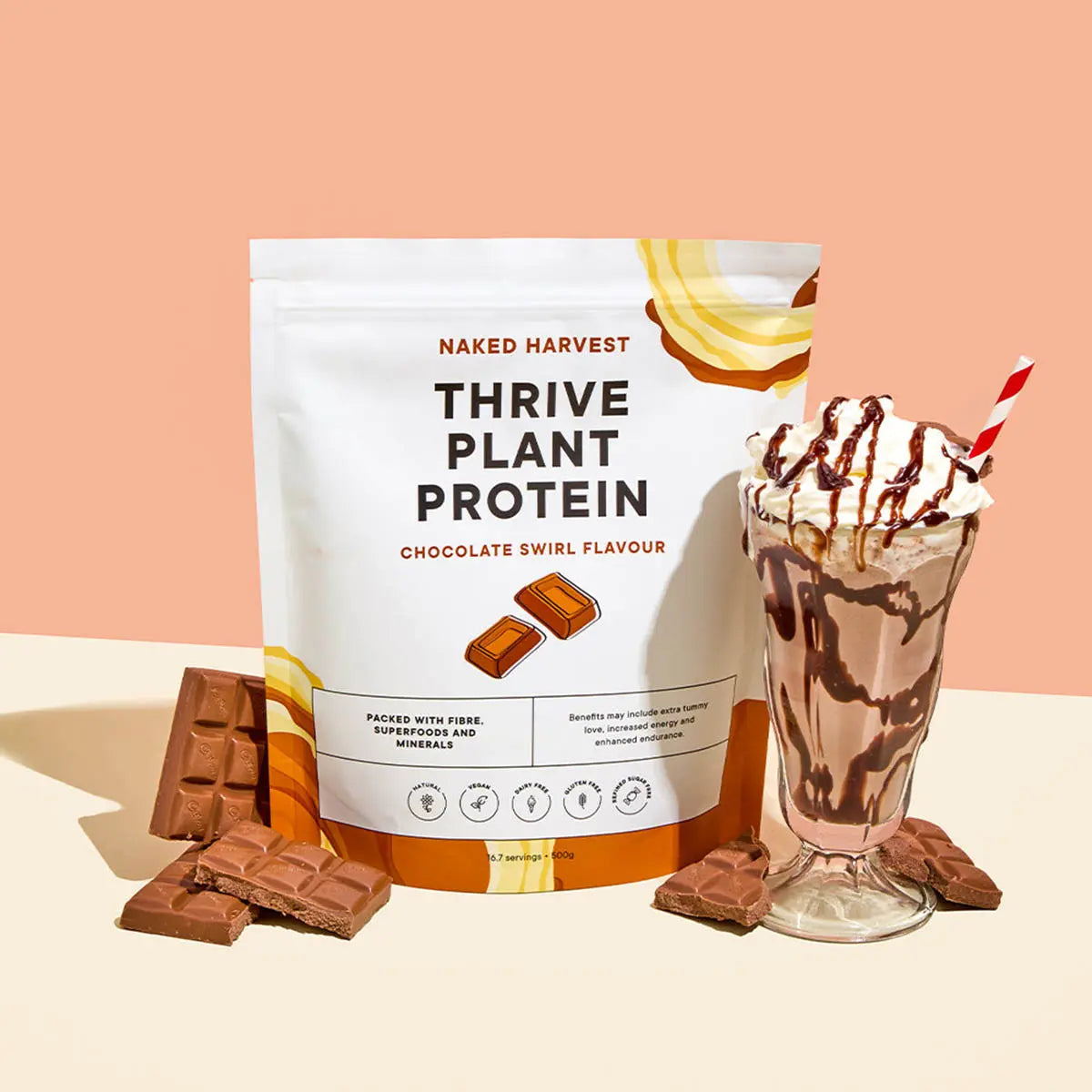 Naked Harvest Thrive Plant Protein package with a chocolate swirl protein shake and chocolate bars on a peach background