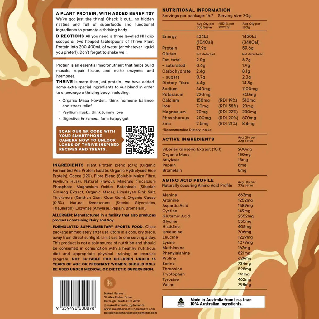 Nutritional information and ingredient list on a product label with a QR code and branding details.