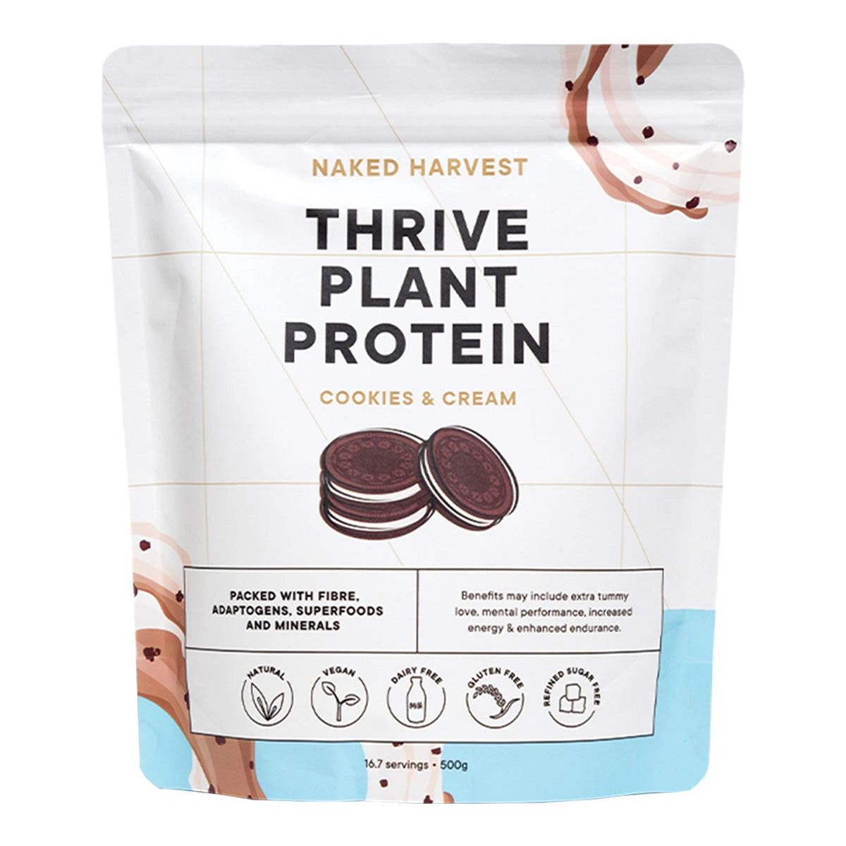 Naked Harvest Thrive Plant Protein Cookies & Cream flavour packaging on a white background