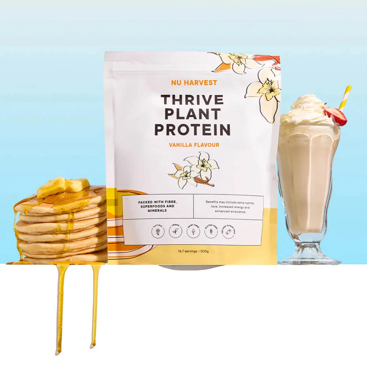 Nu Harvest Thrive Plant Protein package with pancakes and a shake on a blue background