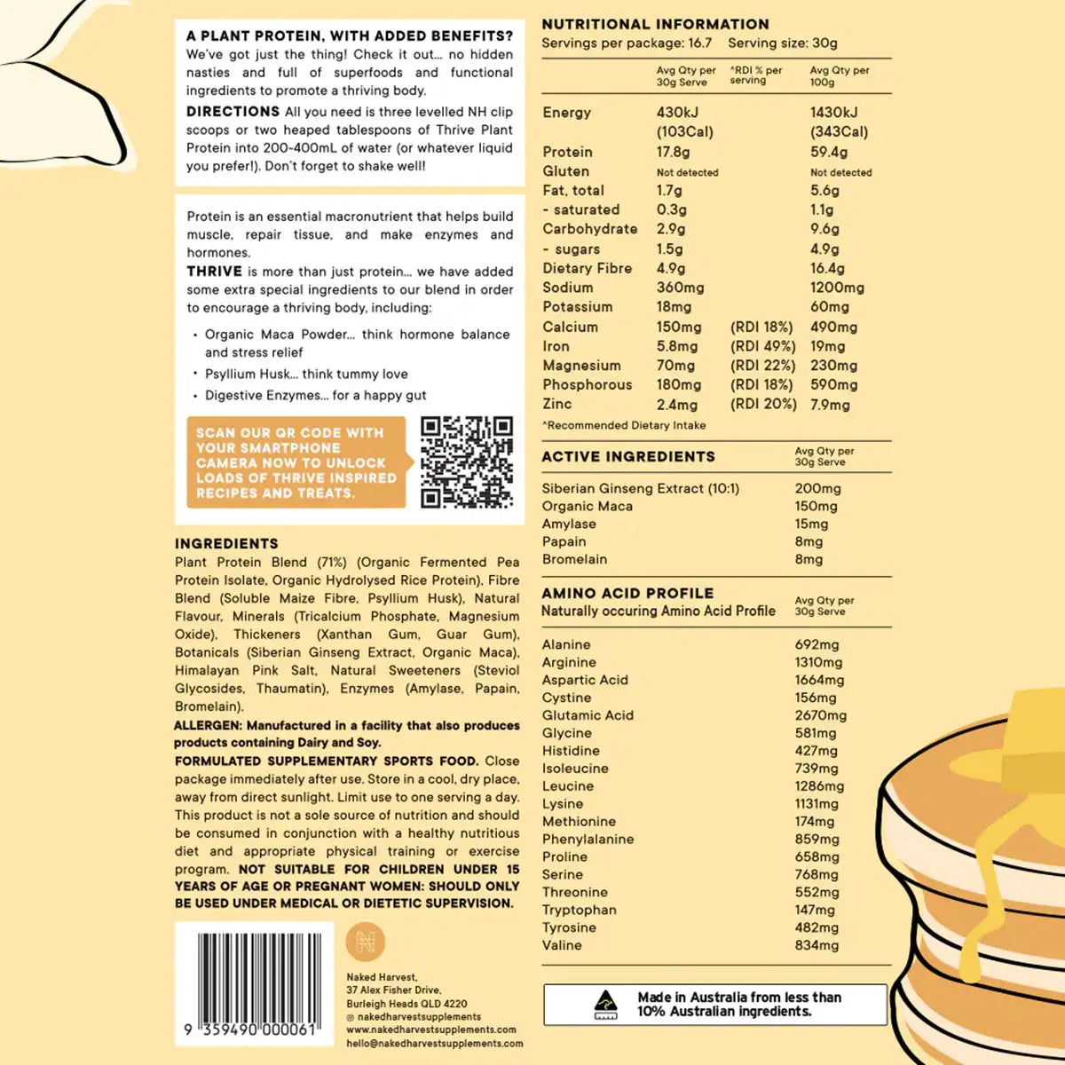 Nutritional information and ingredient list on a supplement package with a stack of pancakes in the corner.