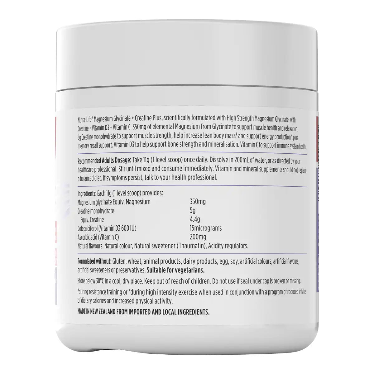 White plastic tub of a dietary supplement with a white label showing detailed text about ingredients, recommended dosage, and nutritional facts.