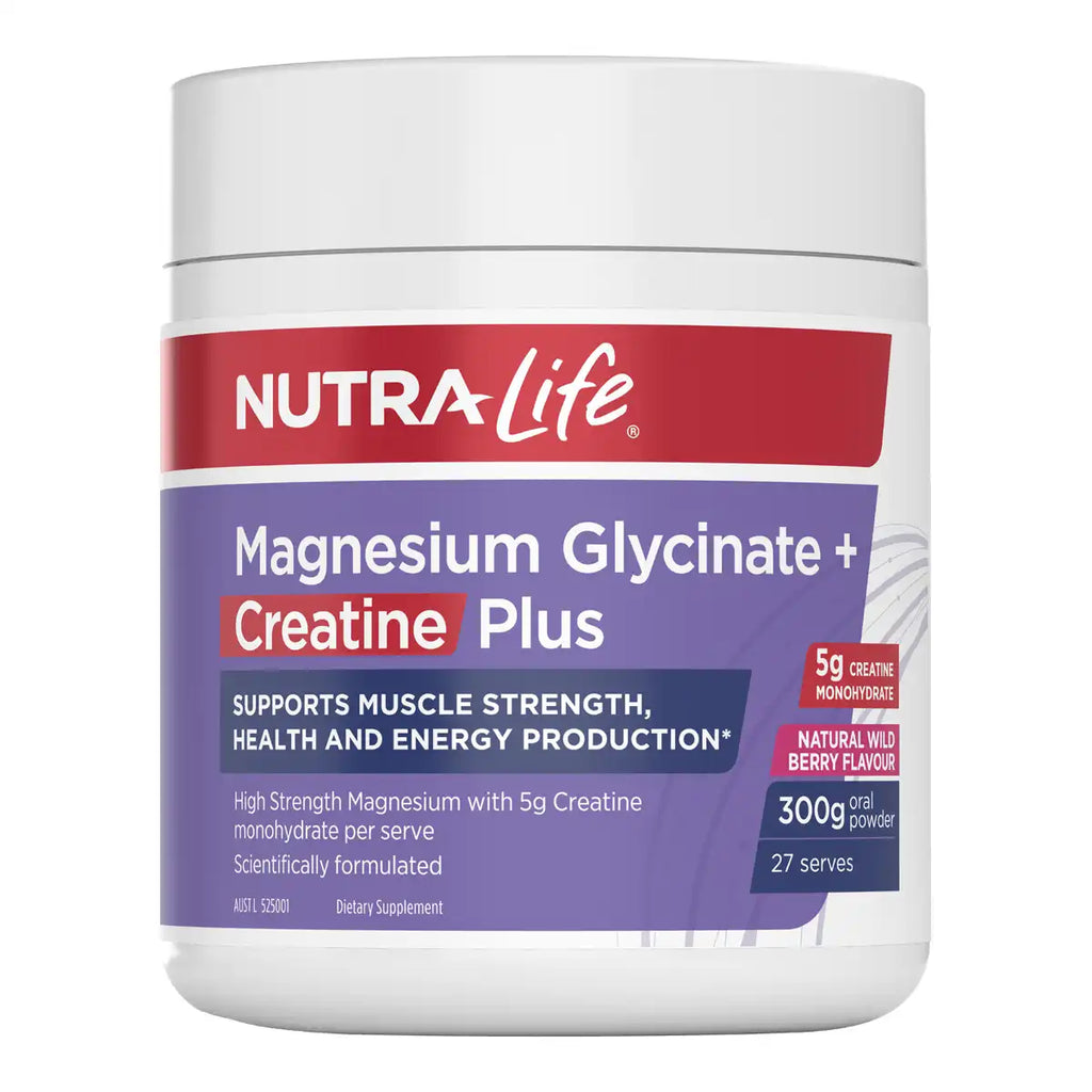 A white plastic tub of Nutra-Life Magnesium Glycinate + Creatine Plus dietary supplement powder, featuring a purple and red label.