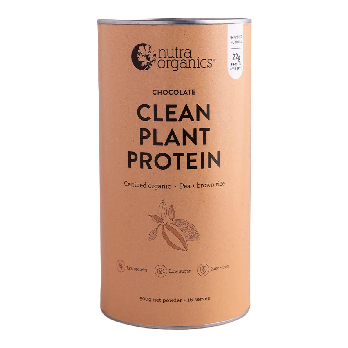 Nutra Organics Clean Plant Protein Chocolate - 500g canister. Certified organic pea & brown rice protein. 73% protein, low sugar, zinc & iron.