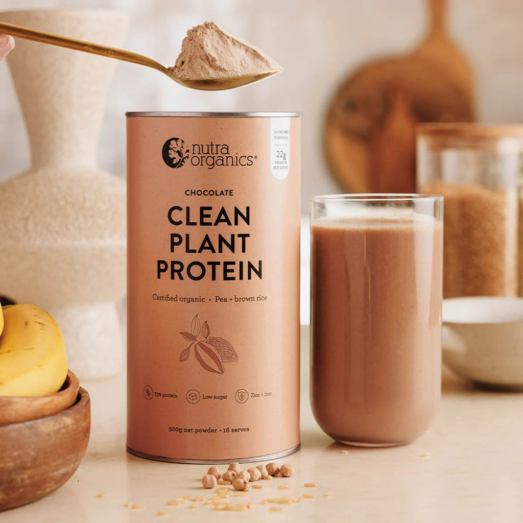 Can of Nutra Organics Clean Plant Protein with a glass of chocolate protein shake and design elements.