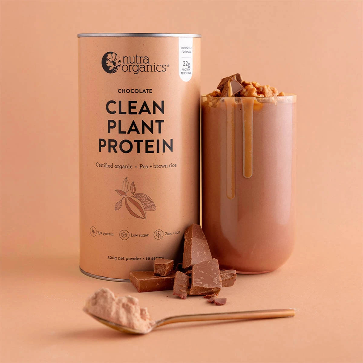Canister of Nutra Organics Clean Plant Protein with a caramel chocolate smoothie, and a spoonful of powder. 