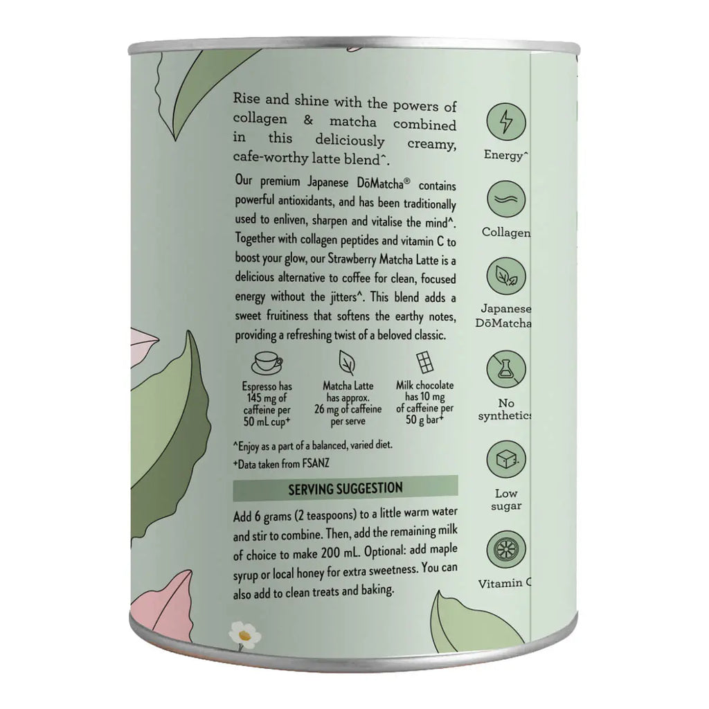 Side view of collagen matcha latte - strawberry showing serving suggestions and other product information.
