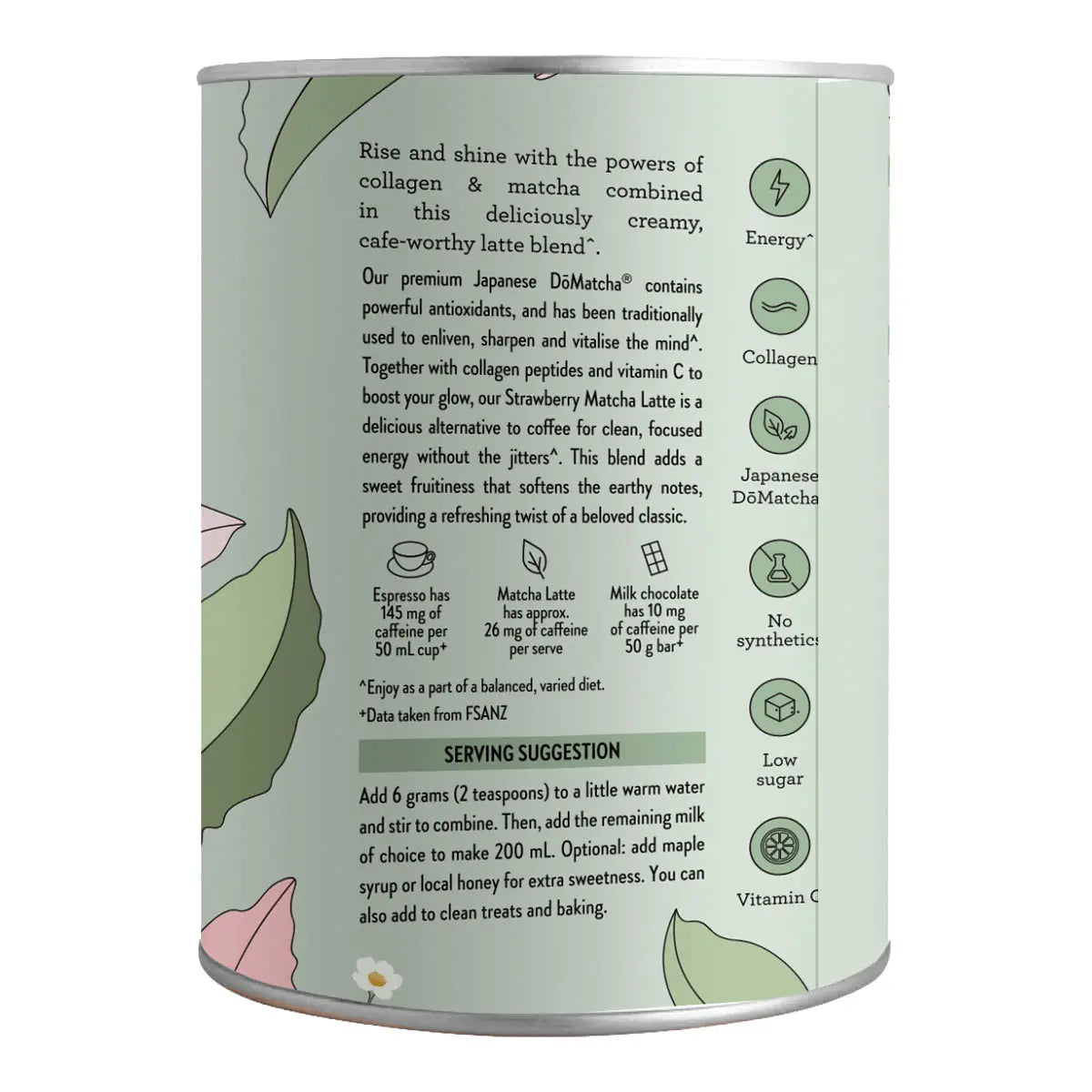 Side view of collagen matcha latte - strawberry showing serving suggestions and other product information.