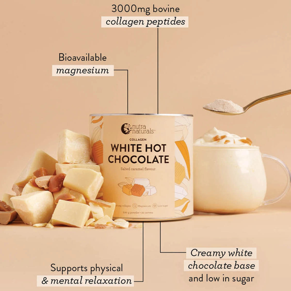 Collagen white hot chocolate with ingredients and benefits on a beige background