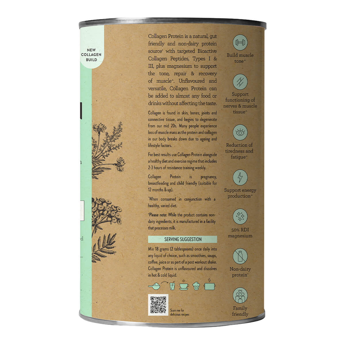 Collagen protein supplement can with text and botanical illustrations on a white background.