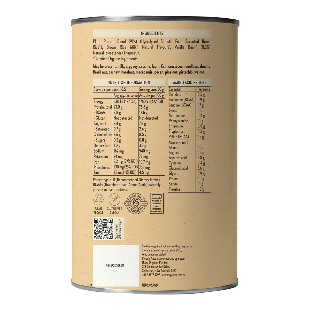 Back of a protein powder can with nutritional information and ingredient list.
