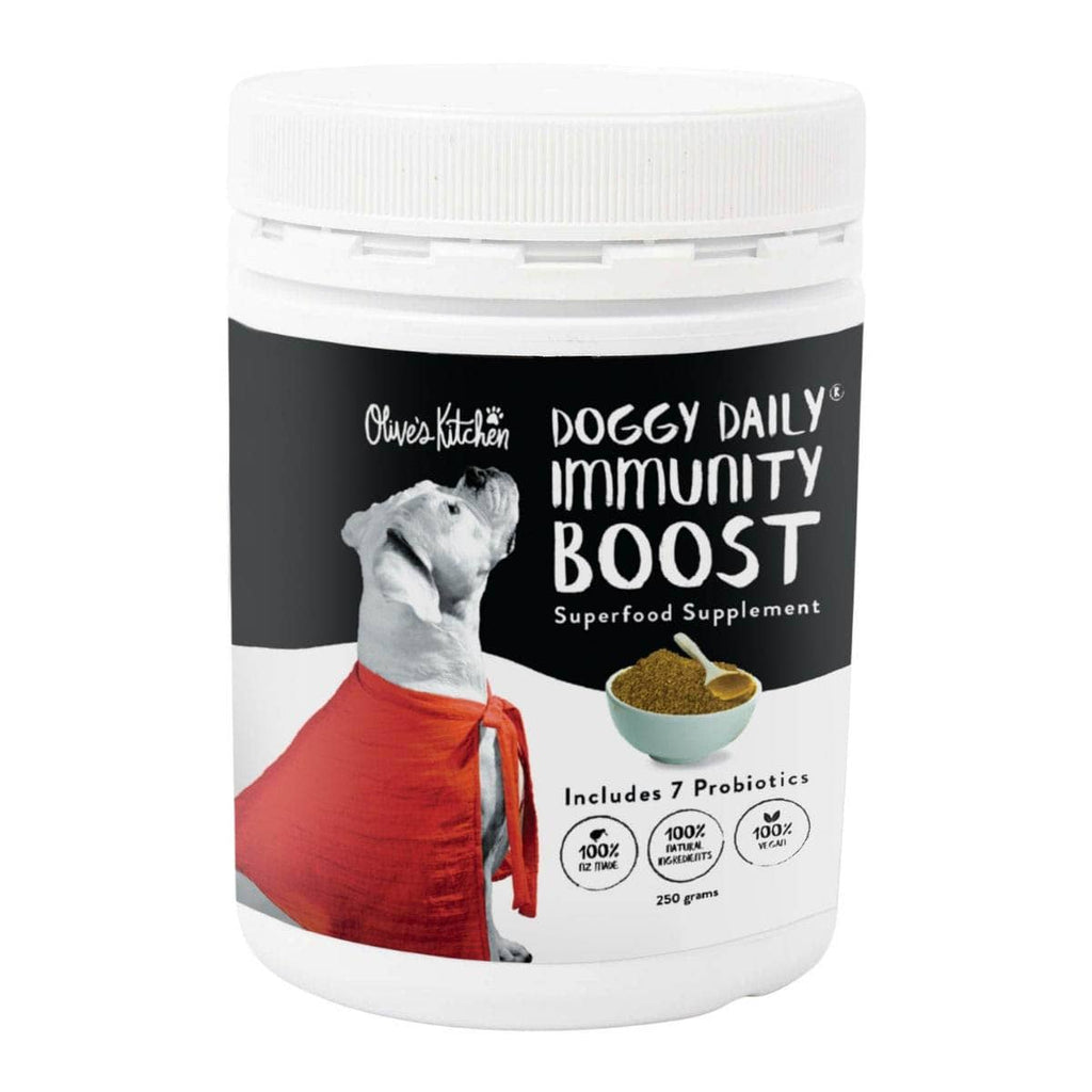 Supplement jar labeled 'Doggy Daily Immunity Boost' with a dog illustration on a white background