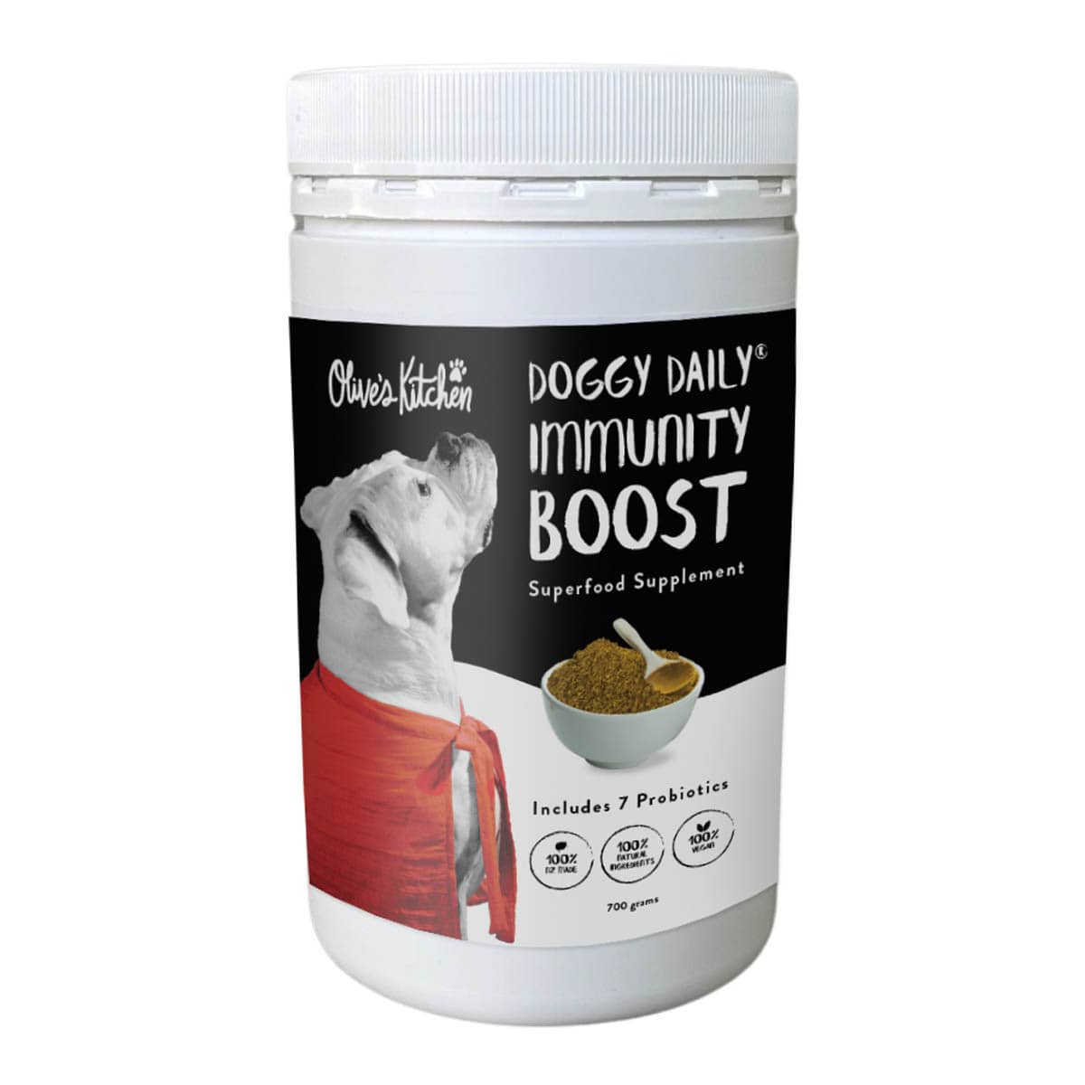Doggy Daily Immunity Boost supplement container with a white lid on a white background. 700grams.