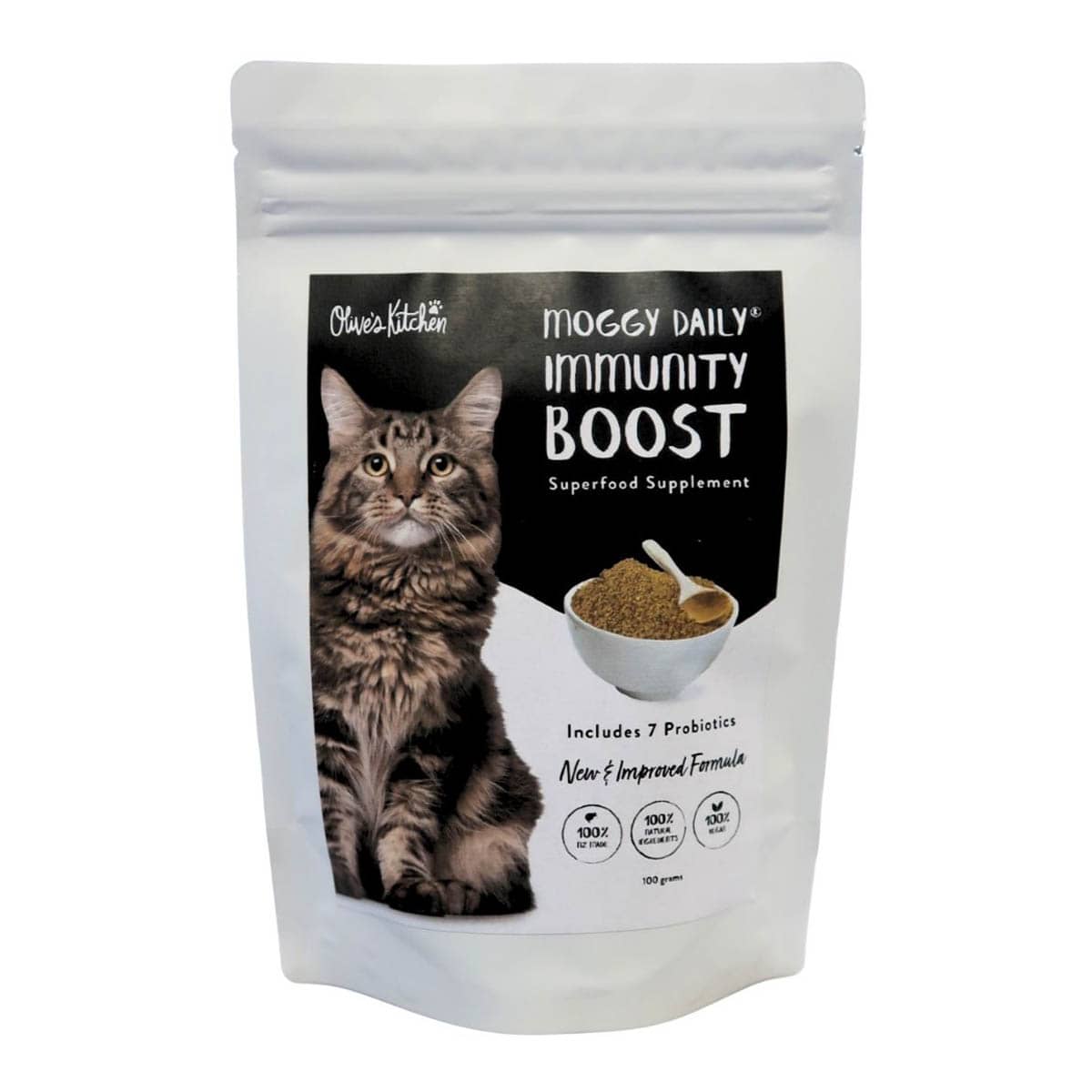 100gm pouch of Moggy Daily Immunity Boost Superfood Supplement.
