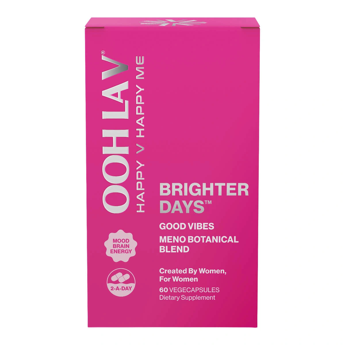 Pink box of Ooh La V Brighter Days supplement on a white background. 60 vege capsules.