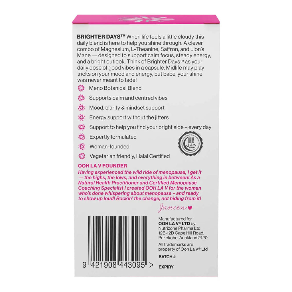 Side of Brighter Days packaging showing product information and a note on the founder of the women-led brand.
